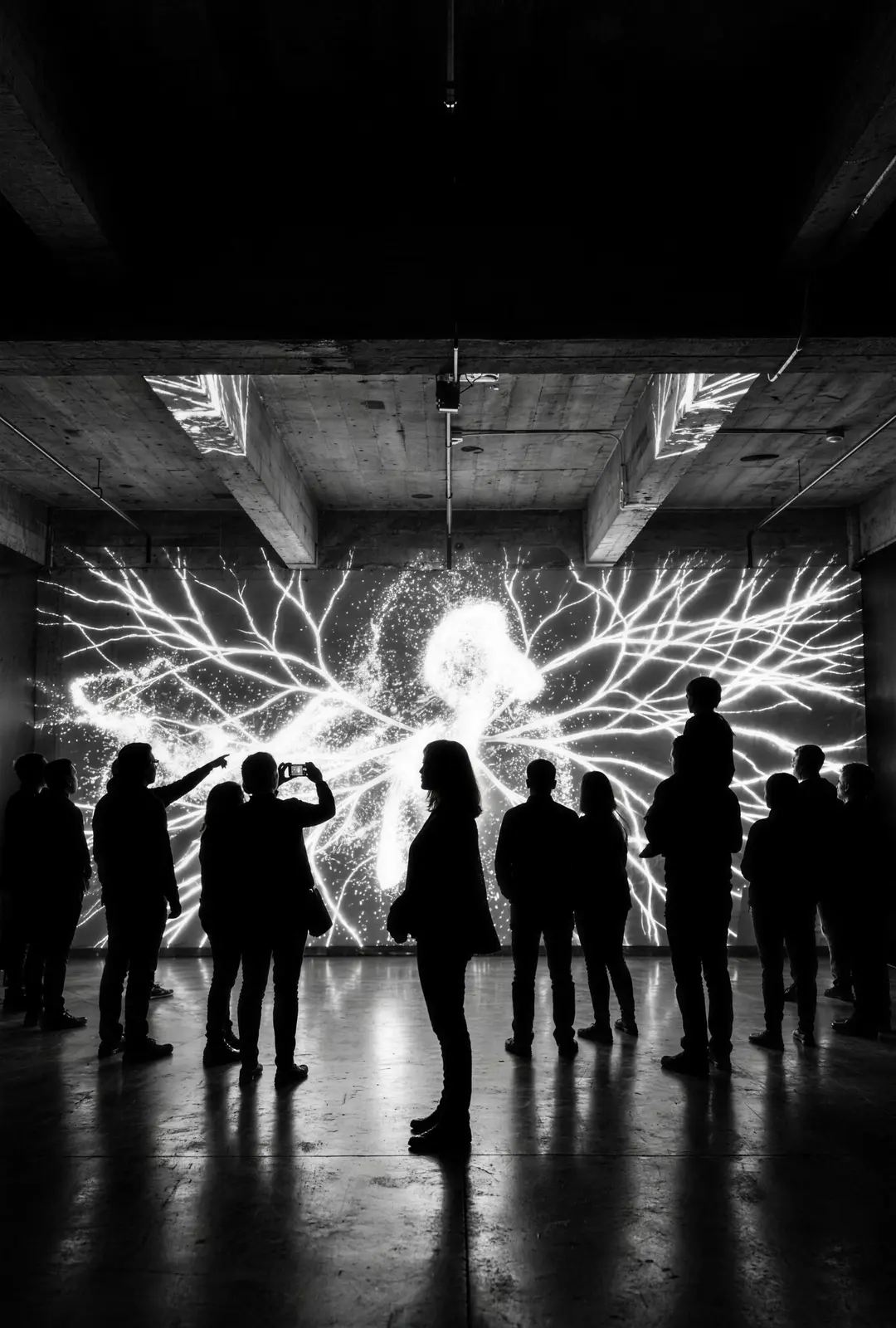 Visitors in silhouette before a wall of white branching light in a concrete gallery